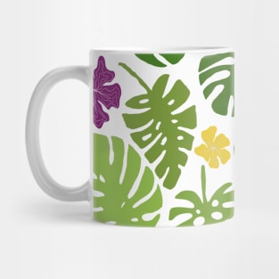 Monstera leaves and tropical flowers in green, yellow, purple, and pink Mug